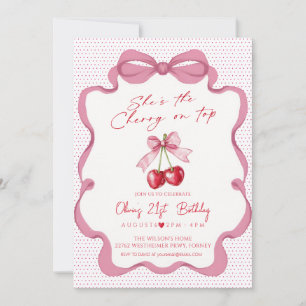 Pink bow cherry ribbon girl birthday Party Invitation