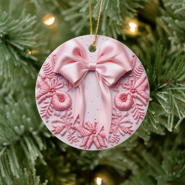 Pink Bow Christmas Ceramic Ornament (Tree)