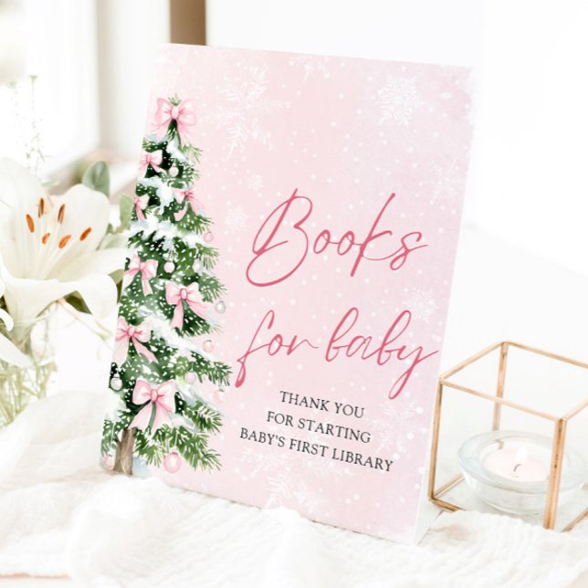 Pink Bow Christmas Tree Baby Shower Books for Baby Pedestal Sign (Pink Bows Christmas Tree Baby Shower Books for Baby Sign )
