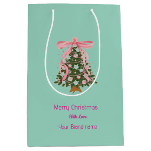 Pink bow christmas tree Business name Medium Gift Bag