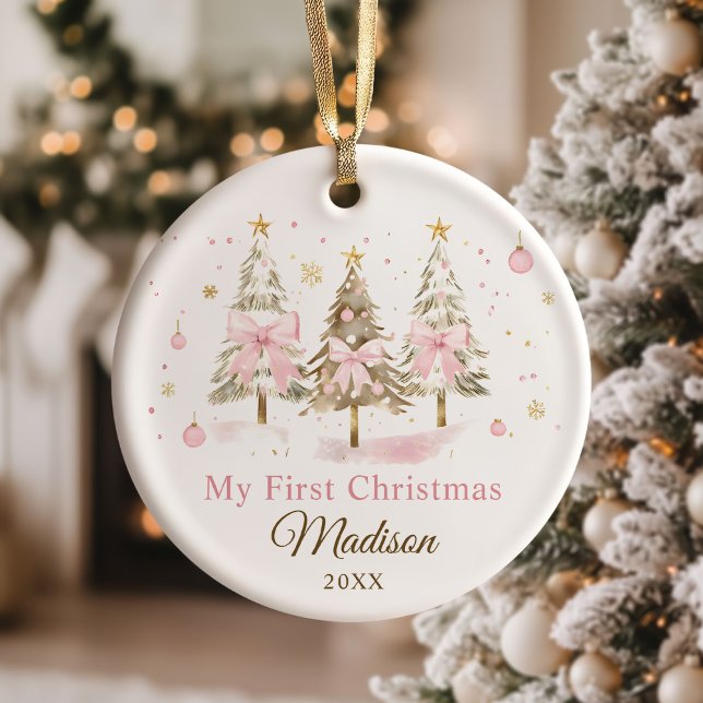 Pink Bow Christmas Tree Girl First Christmas Ceramic Ornament (Creator Uploaded)
