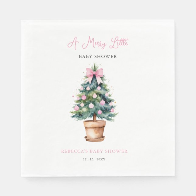 Pink Bow Christmas Tree Merry Little Baby Shower Napkin (Front)