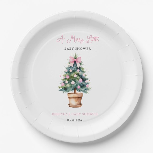 Pink Bow Christmas Tree Merry Little Baby Shower Paper Plate (Front)