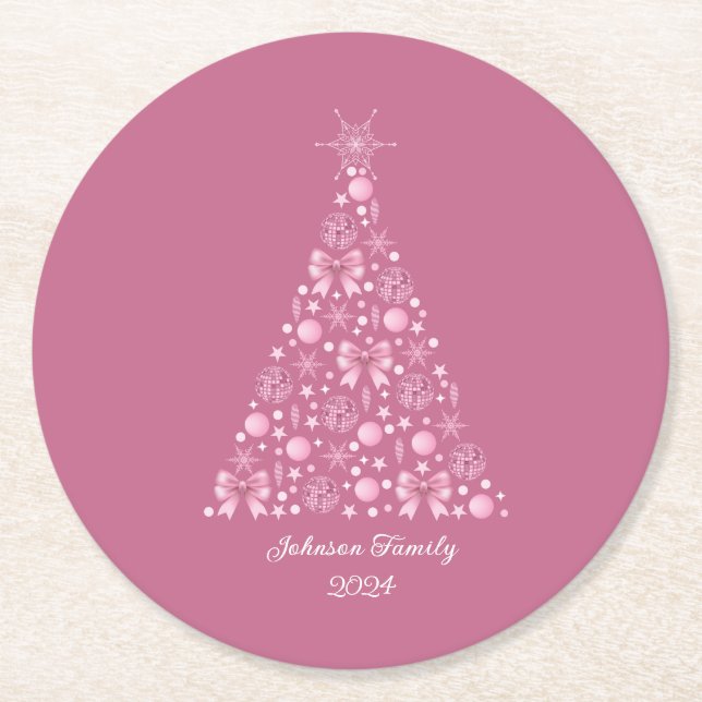 Pink Bow Christmas Tree Round Paper Coaster (Front)