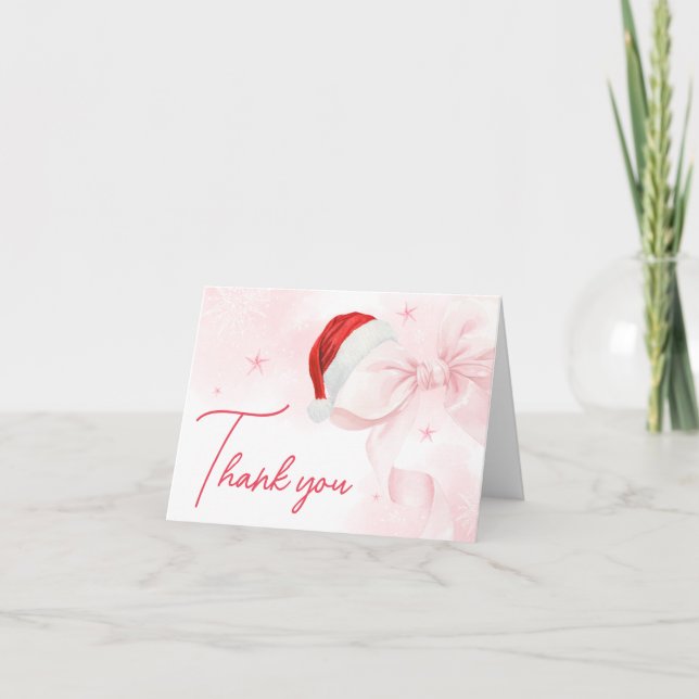 Pink Bow Christmas Winter Baby Shower Thank You Card (Front)