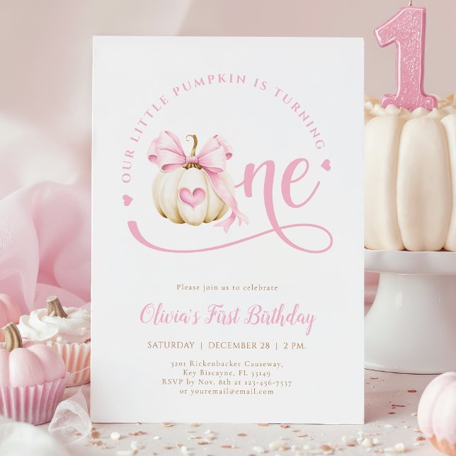 Pink Bow Citrouille 1er anniversaire Invitation (Créateur téléchargé)