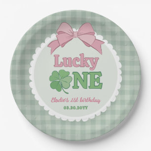 Pink Bow Clover Lucky One Girl 1st Birthday Paper Plate