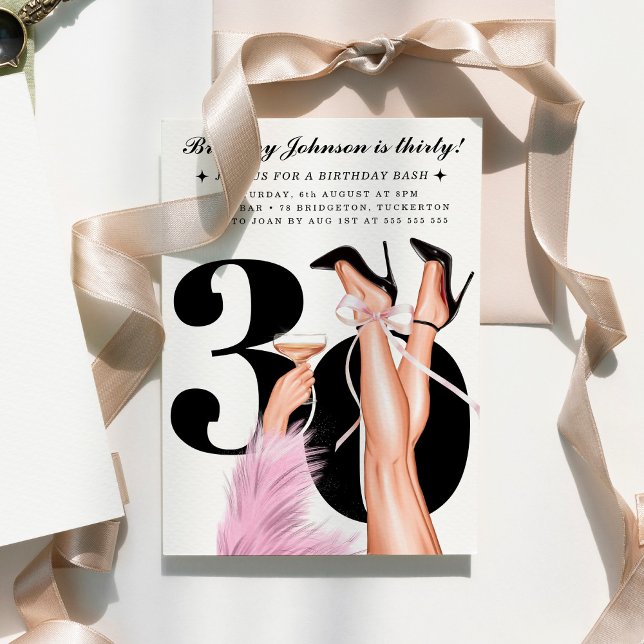 Pink Bow & Cocktails Coquette Modern 30th Birthday Invitation (Creator Uploaded)