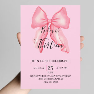 Pink Bow Coquette 10th 14th 18th 20 Birthday Girls Invitation