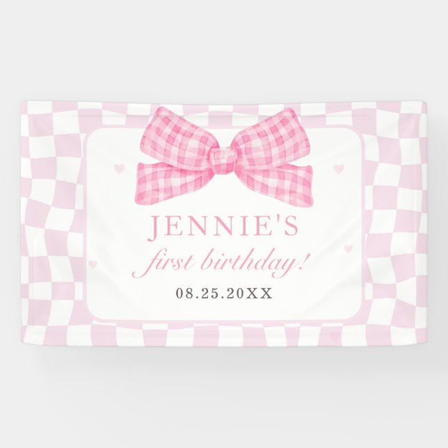 Pink Bow Coquette 1st Birthday Party Banner (Horizontal)