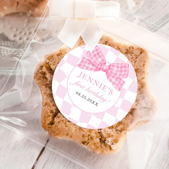 Pink Bow Coquette 1st Birthday Party Classic Round Sticker (Creator Uploaded)