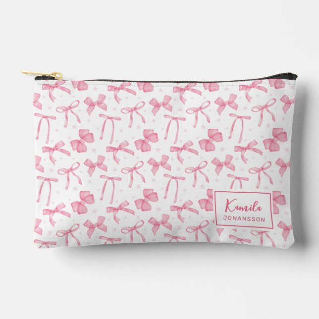 Pink Bow Coquette Aesthetic Custom Name Accessory Pouch (Front)