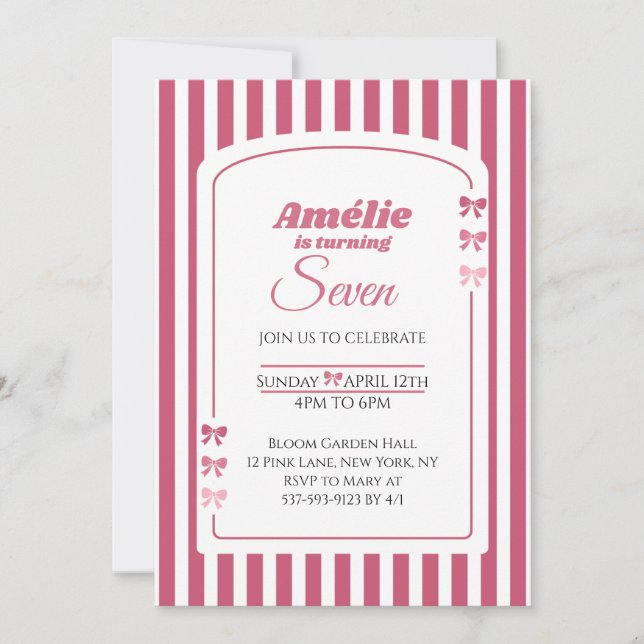 Pink Bow Coquette Aesthetic Girl 7th Birthday Invitation (Front)