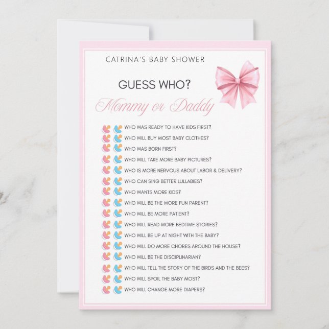 Pink Bow Coquette Baby Shower - Editable Name, 5x7 Invitation (Front)