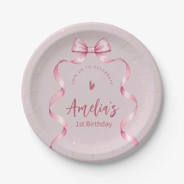 Pink Bow Coquette Birthday Paper Plate (Front)
