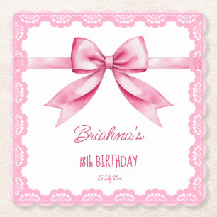 Pink bow coquette birthday party printed paper coaster