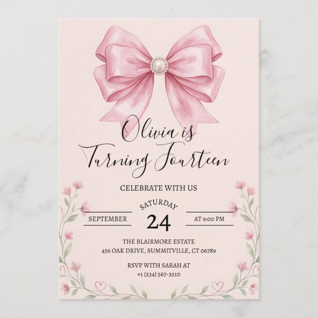Pink Bow Coquette Bow Birthday Invitation (Front)