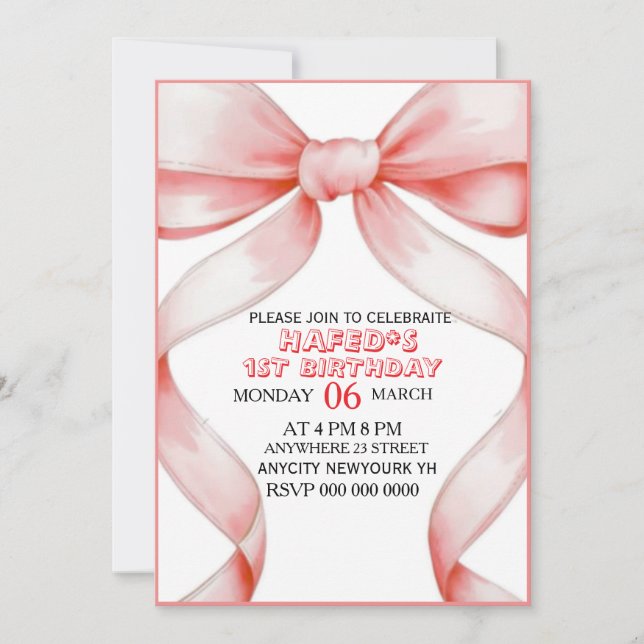 Pink Bow Coquette Bow Birthday Invitation, 13th Bi Invitation (Front)