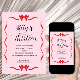 Pink Bow Coquette Bow Birthday Thirteen Invitation