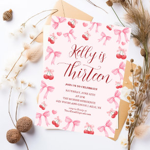 Pink Bow Coquette Bow Cherry Birthday, 13th Invitation
