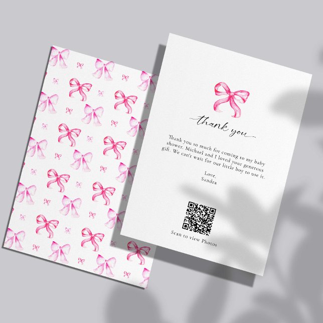 Pink Bow Coquette Bridal Shower Custom QR Code Thank You Card (Creator Uploaded)
