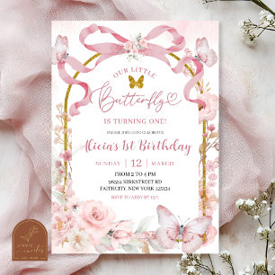 Pink Bow Coquette Butterfly 1st Birthday Invitatio Invitation