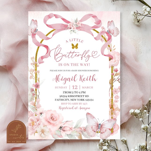 Pink Bow Coquette Butterfly Baby Shower Invitation (Creator Uploaded)