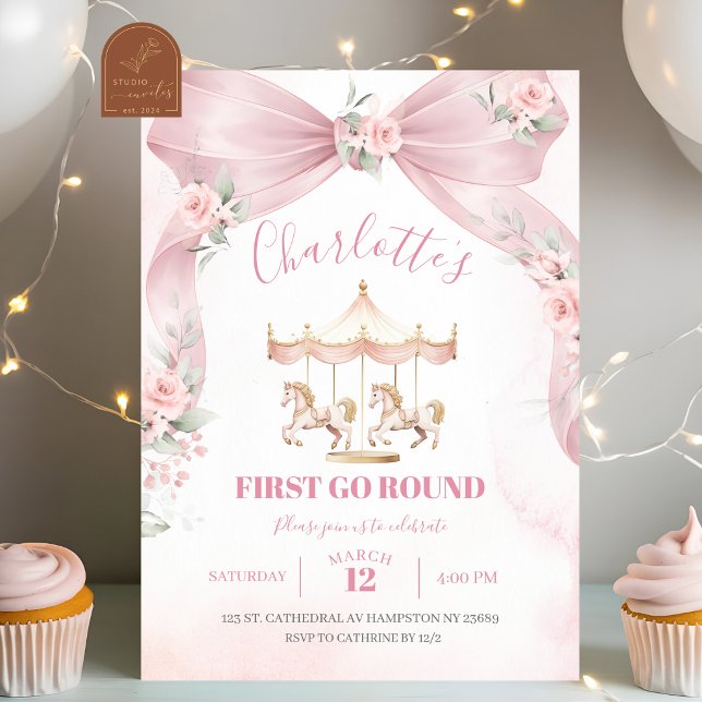  Pink Bow Coquette Carousel First Birthday Invitat Invitation (Creator Uploaded)