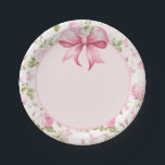 Pink Bow Coquette Cottage Rose Paper Plate<br><div class="desc">These paper plates feature a bow and cabbage rose background.</div>
