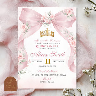 Pink Bow Coquette Crown Floral Quinceanera Invitat Invitation