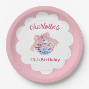 Pink Bow Coquette Disco Ball Girl Birthday Paper Plate