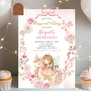 Pink Bow Coquette Fairies and Unicorns Birthday Invitation