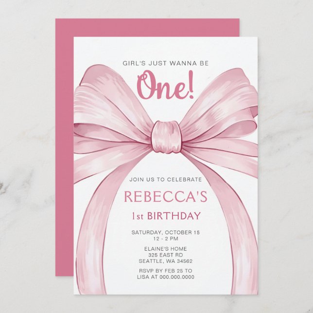 Pink Bow Coquette First Birthday Invitation (Front/Back)