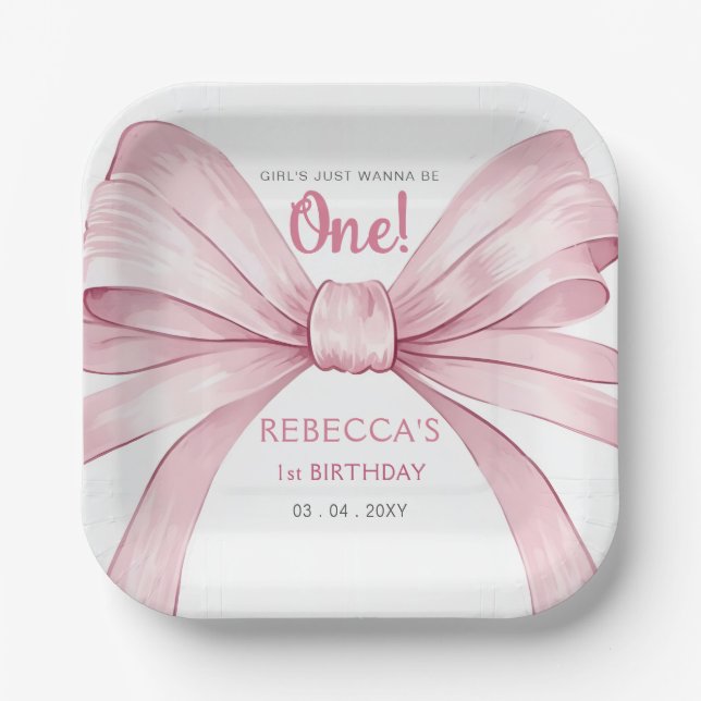 Pink Bow Coquette First Birthday Paper Plate (Front)