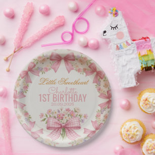 Pink Bow Coquette Floral 1st Birthday Personalized Paper Plate