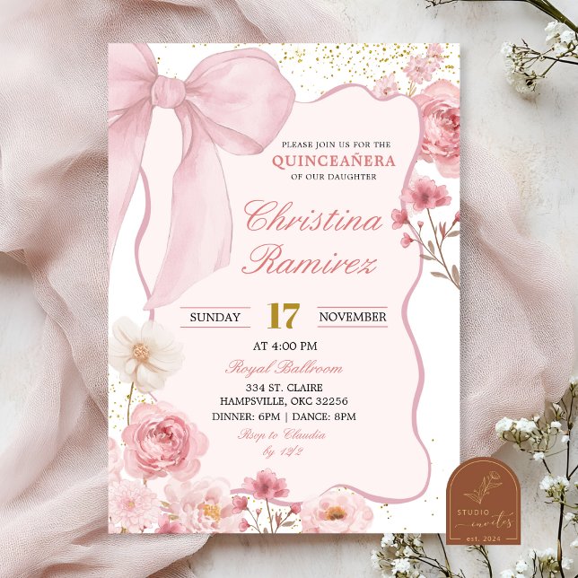  Pink Bow Coquette Floral Quinceanera  Invitation (Creator Uploaded)