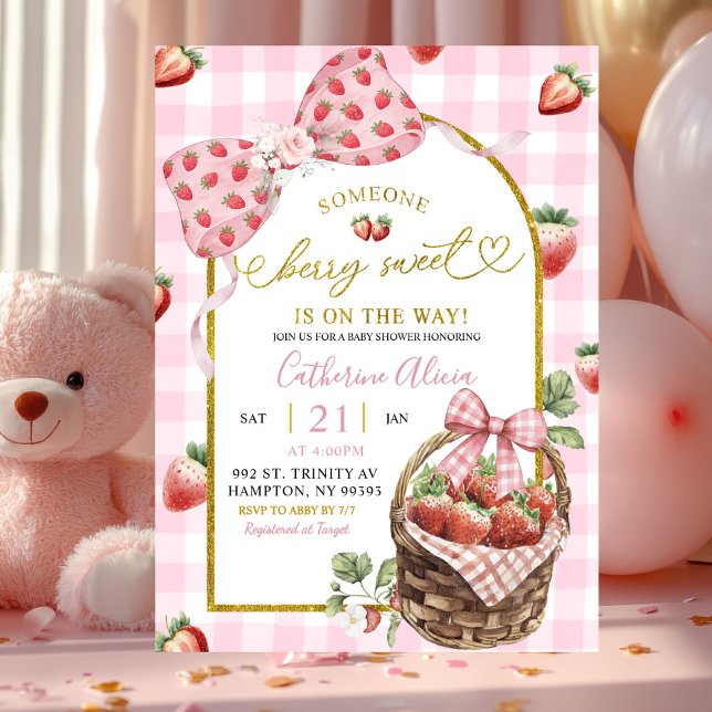 Pink Bow Coquette Gingham Berry Sweet Baby Shower Invitation (Creator Uploaded)