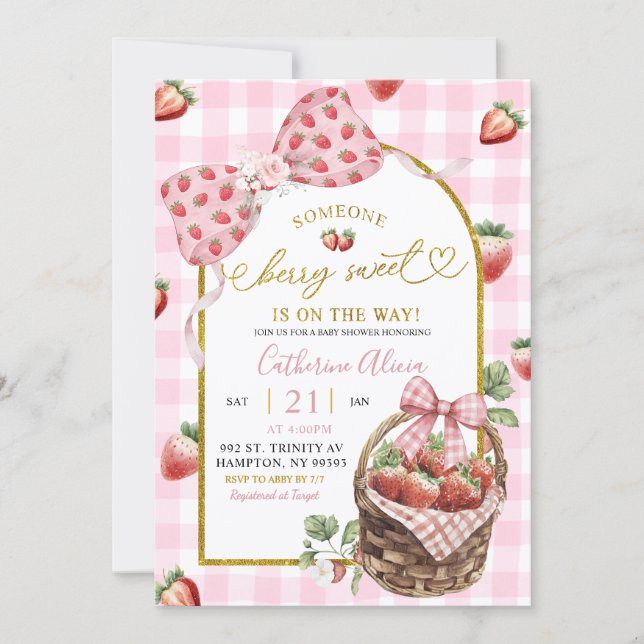 Pink Bow Coquette Gingham Berry Sweet Baby Shower Invitation (Front)