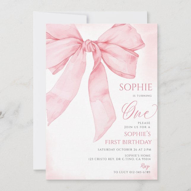 Pink Bow Coquette Girl 1st Birthday Invitation (Front)