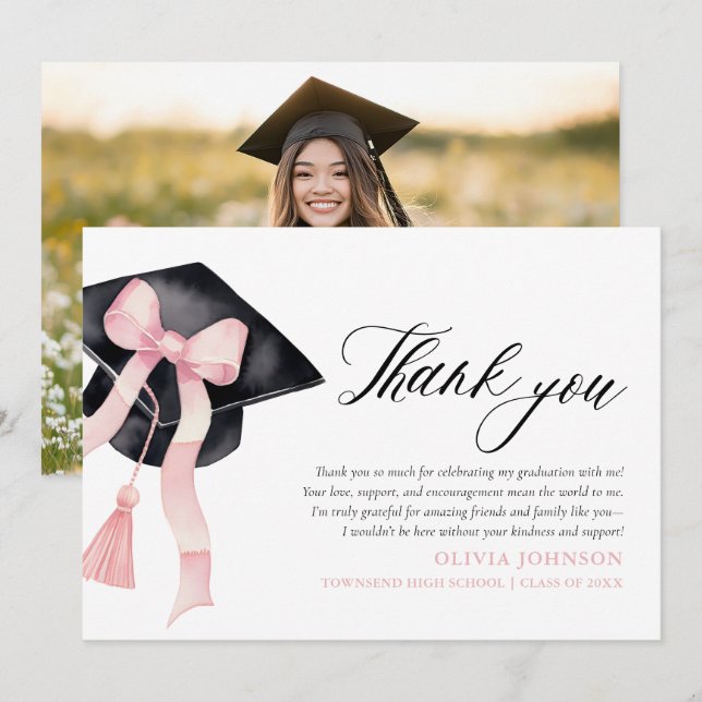 Pink Bow Coquette Graduation Cap Merci Cartes (Devant / Derrière)