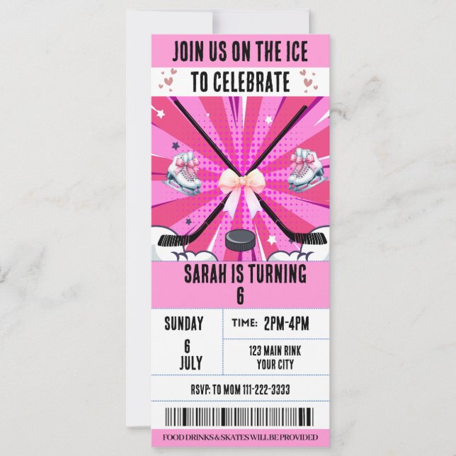 Pink Bow Coquette Ice Hockey  Ticket Birthday  Invitation (Front)