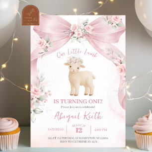 Pink Bow Coquette Lamb Birthday Invitation