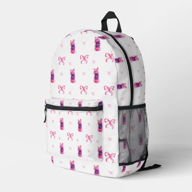 Pink Bow Coquette Macarons Cute Watercolor Printed Backpack (Back Corner Right)