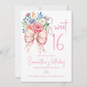 Pink Bow Coquette Modern Floral Sweet 16 Birthday Invitation
