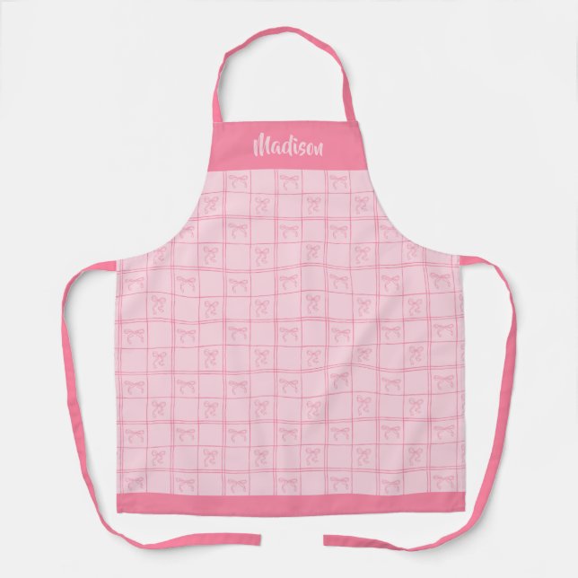Pink Bow Coquette Modern Girly Personalized Name Apron (Front)