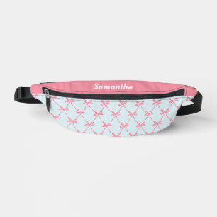 Pink Bow Coquette Pattern on Blue Custom Name Fanny Pack