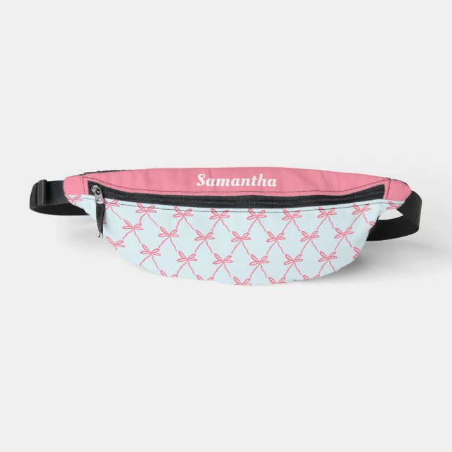 Pink Bow Coquette Pattern on Blue Custom Name Fanny Pack (Front)