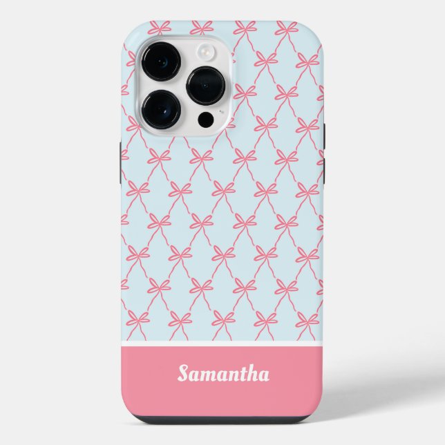Pink Bow Coquette Pattern on Blue Custom Name iPhone Case (Back)