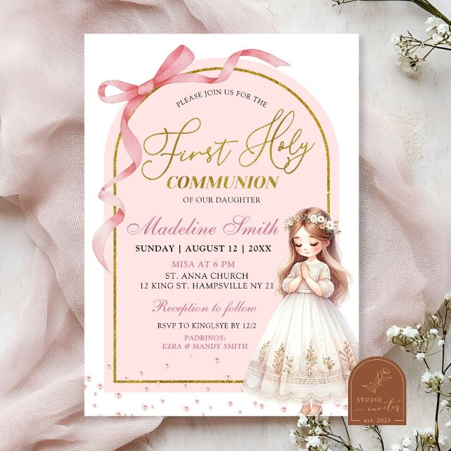 Pink Bow Coquette Pearl First Holy Communion Invitation (Creator Uploaded)