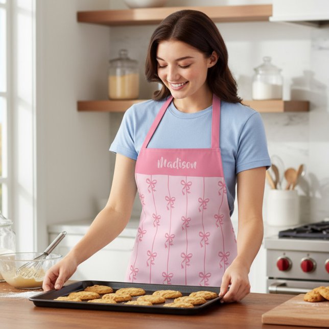 Pink Bow Coquette Personalized Name Gift Apron (Creator Uploaded)